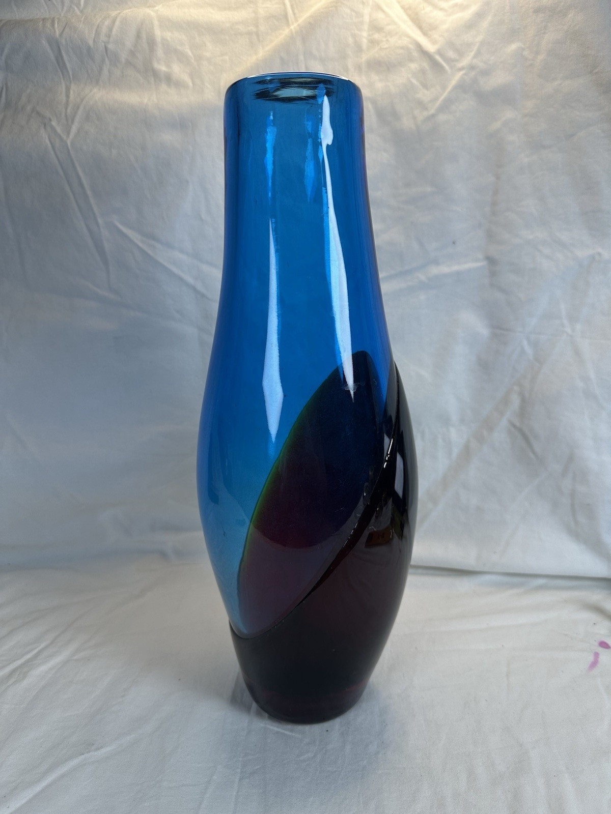 Handblown Art Glass Vase Blue & Amethyst 11.5” Heavy 5lb Modern Studio Decor