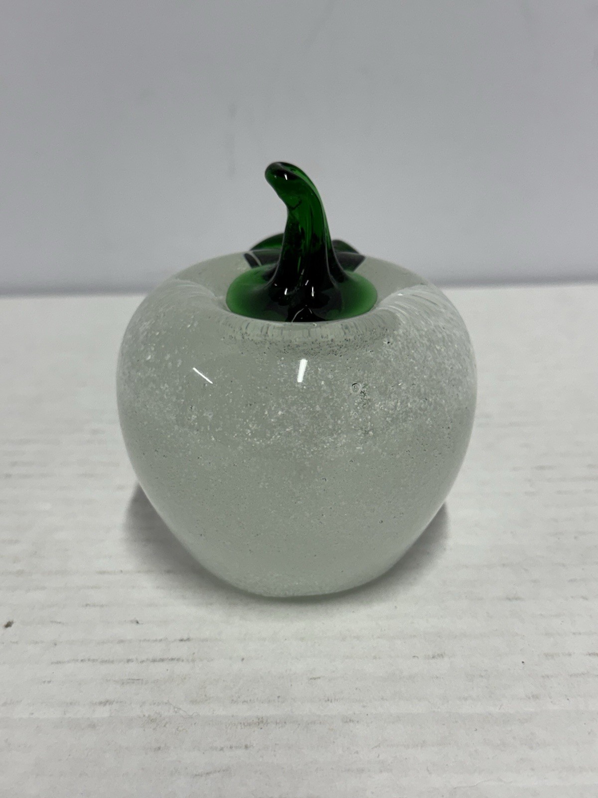 Hand Blown Art Glass Apple Paperweight Frosted Green Leaf Stem Heavy 1+ Lb