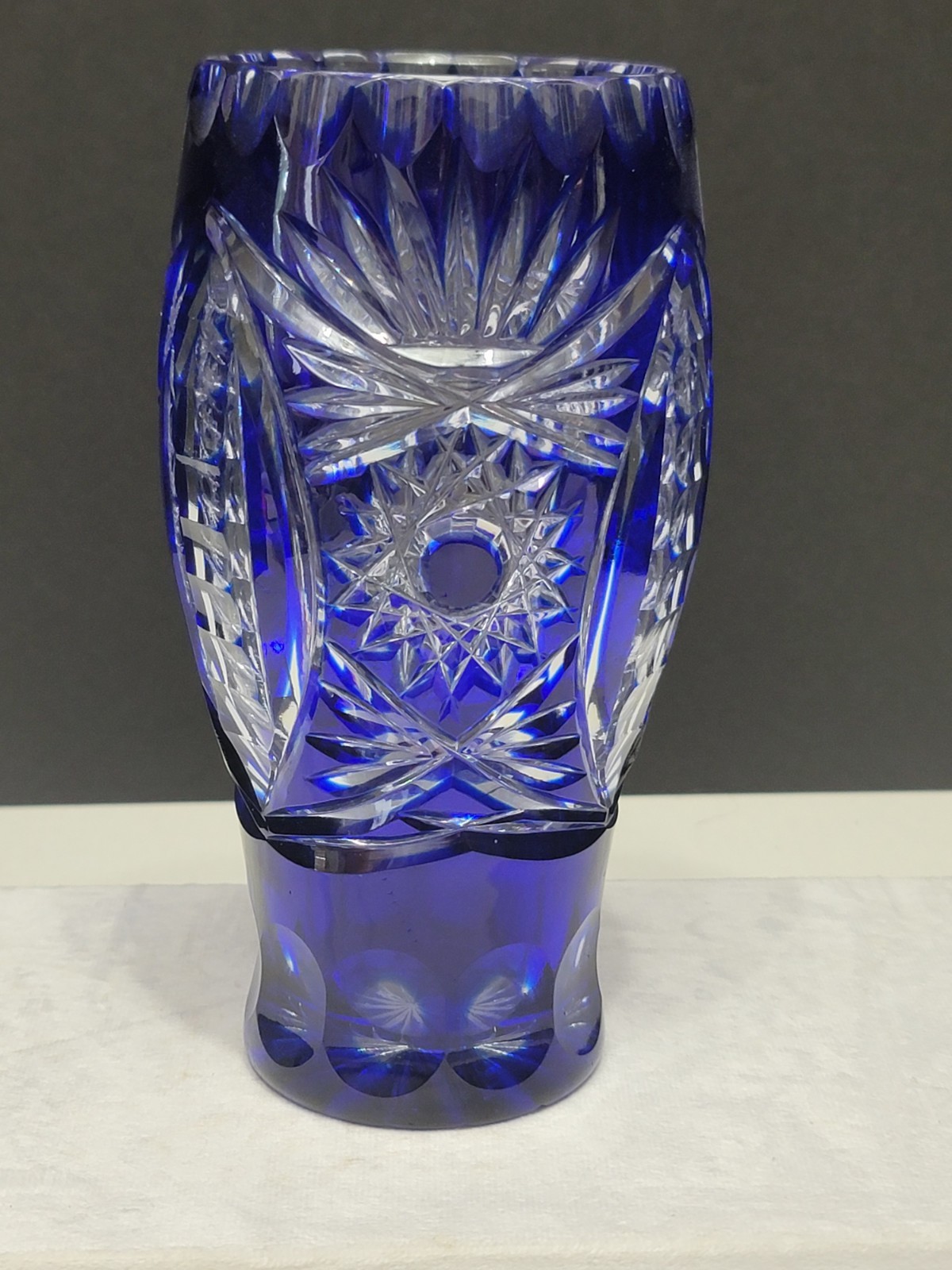 Stunning Vintage Bohemian Czech Cobalt Blue Crystal Vase Cut To Clear 7.5″ Tall