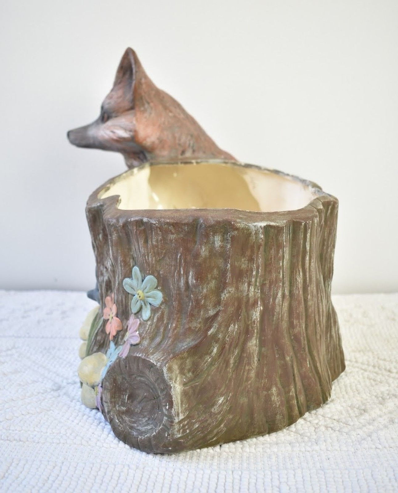 Cottagecore Vintage Fox & Kit Forest Tree Stump Ceramic Planter Pot