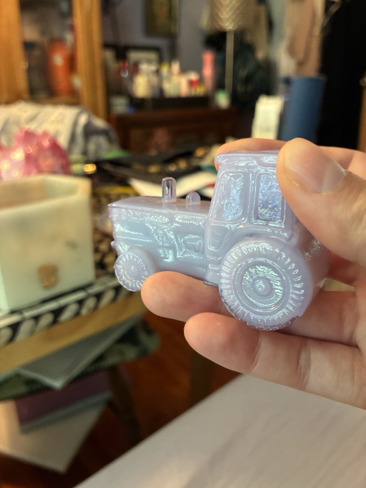 Degenhart owl in RARE warmed in Wonder Blue & Boyd tractor in Heatherbloom