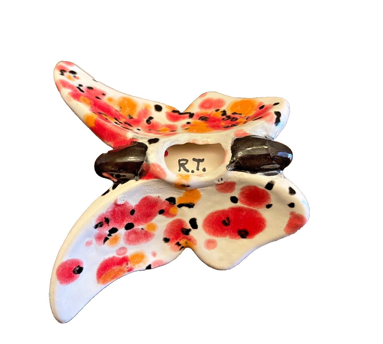 Wall Hanging Butterfly Ceramic Pottery Hand Painted 3.5 In by 3.25 In Signed RT