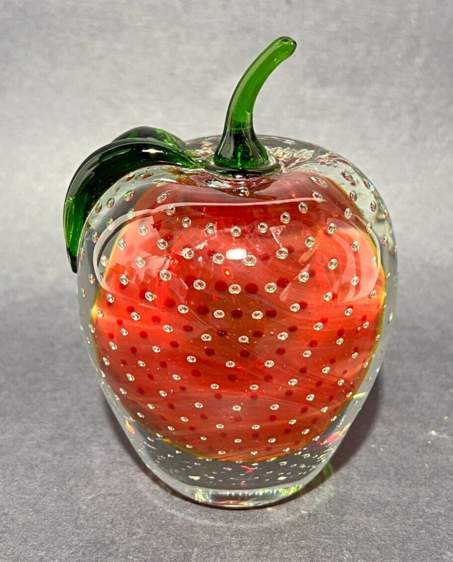 Apple Paperweight Art Hand Blown Glass Cased Clear Red Handcrafted Bubbles Glows