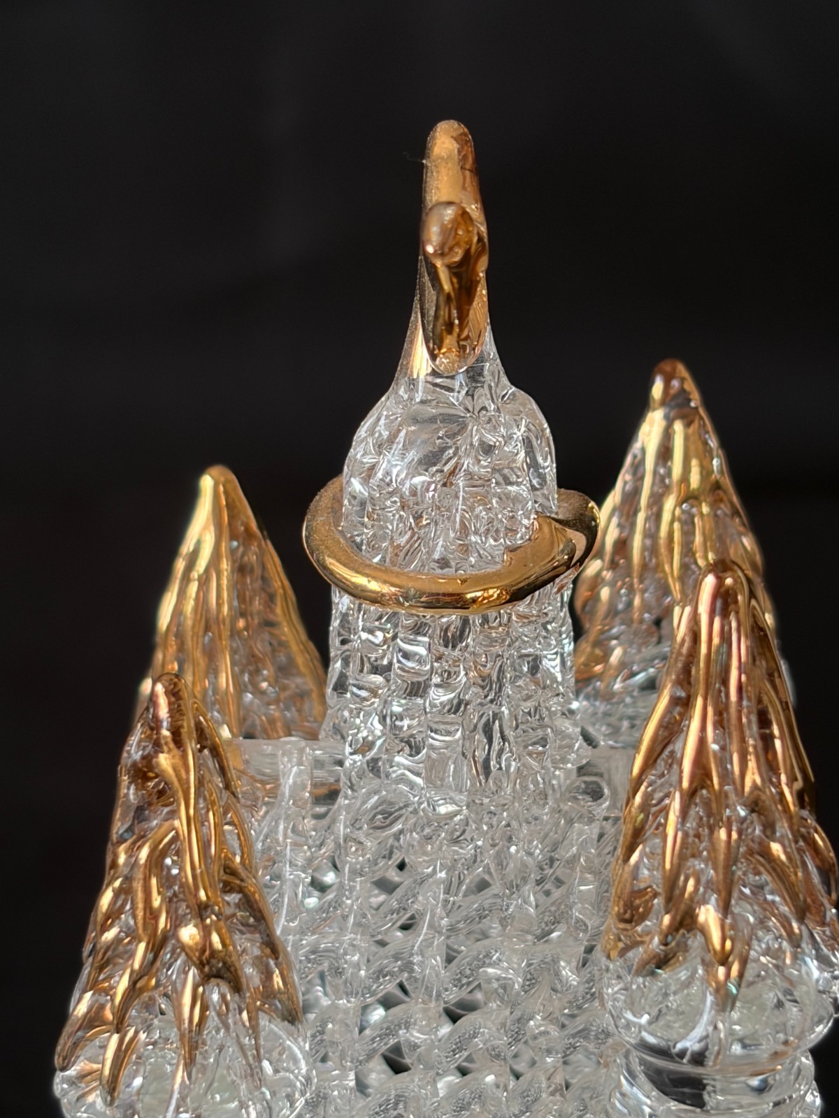 Hand Blown Spun Glass Castle, Gold Trim Music Box