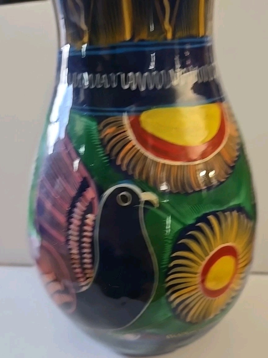 VTG Red Clay Pottery Vase Folk Art Hand Painted Birds Mexico Terracotta