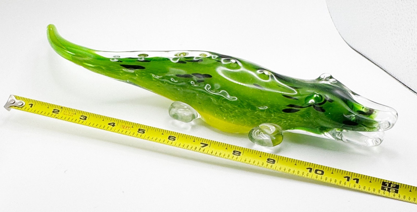 Crocodile Alligator Art Glass Figurine 12″ Hand Blown Green w Yellow w Clear