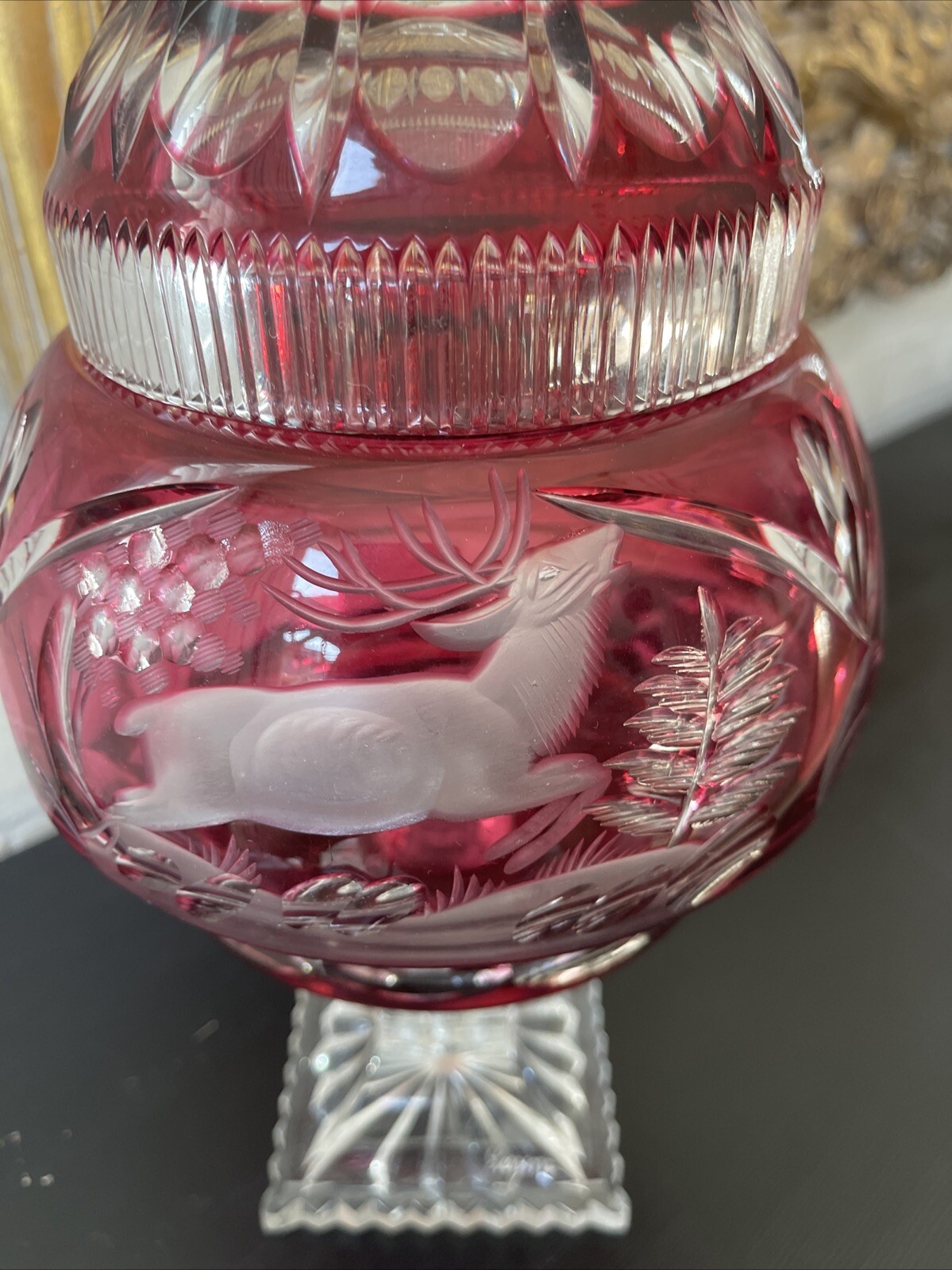 Bohemian Cranberry Crystal Czech candy box covered in Red double tail glass
