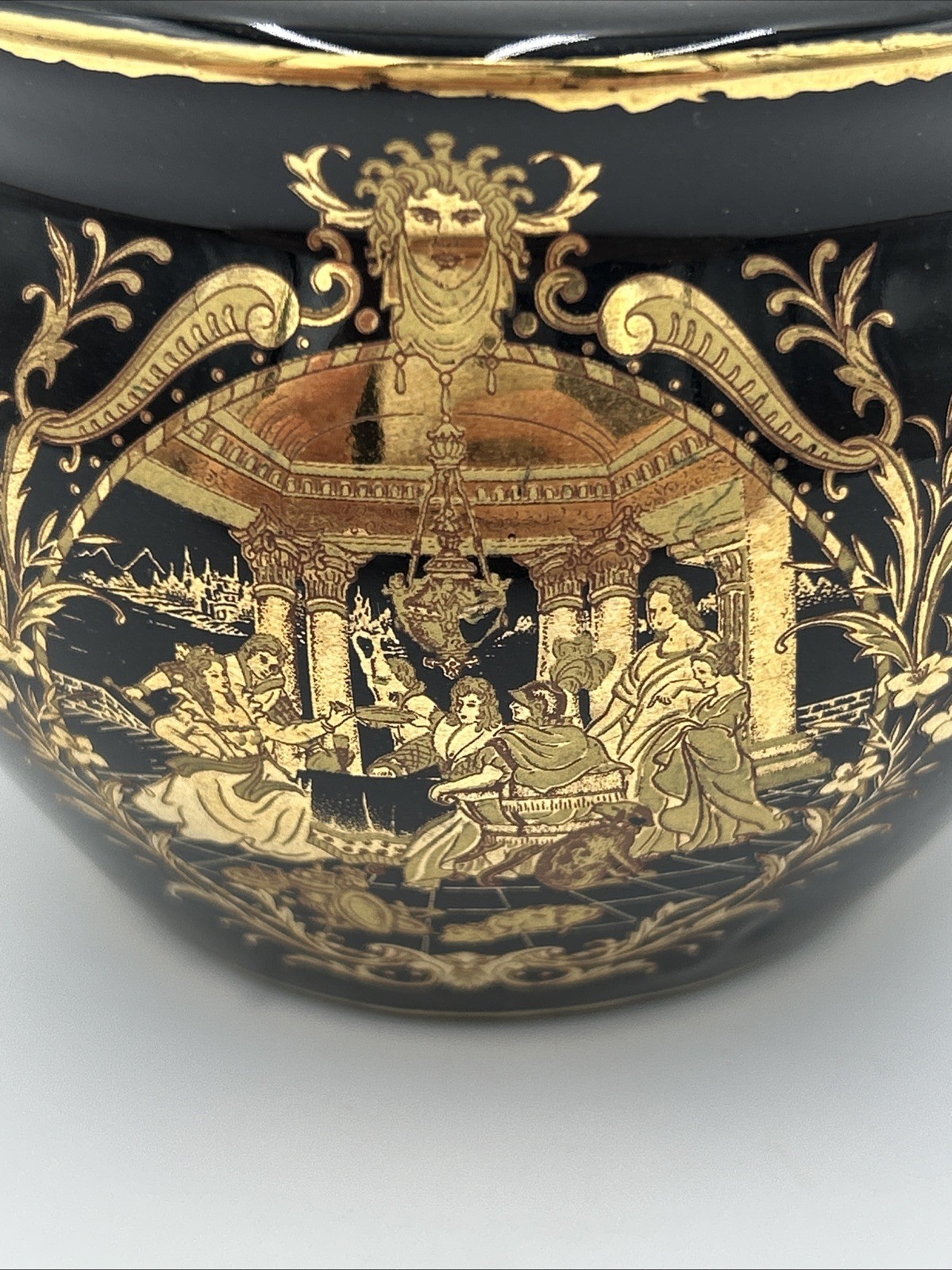 Vintage Limoges Jardiniere Black and Gold 3.25″ Classical Theme Made in France