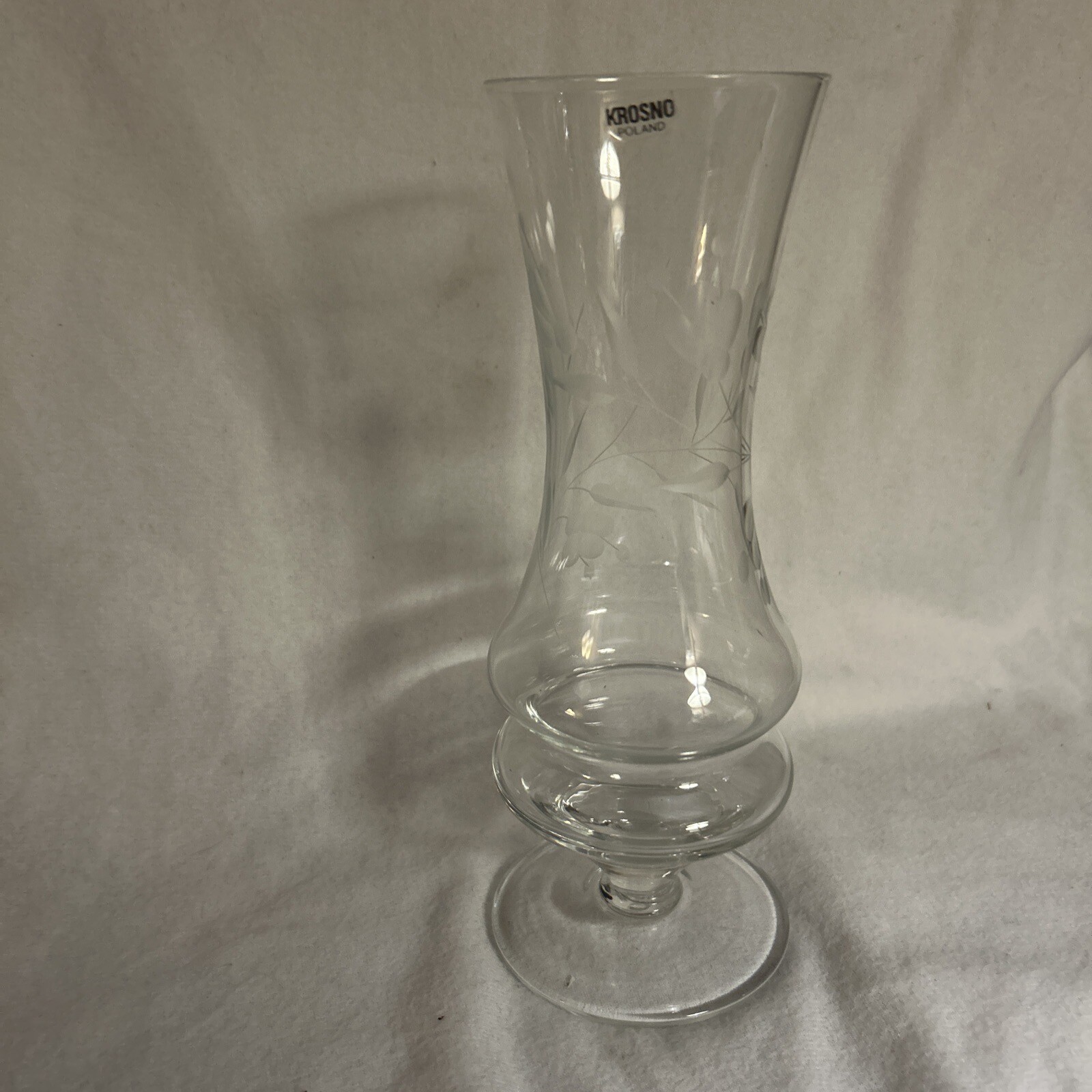 Krosno Poland Clear Flower Etched Glass Vase InDent Design Original Seal