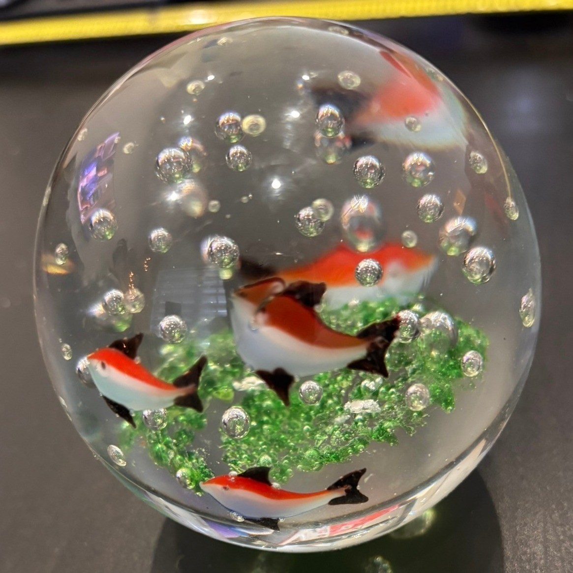 Art Glass Paperweight Fish Underwater Scene Controlled Bubbles Glass Orb 3 Inch