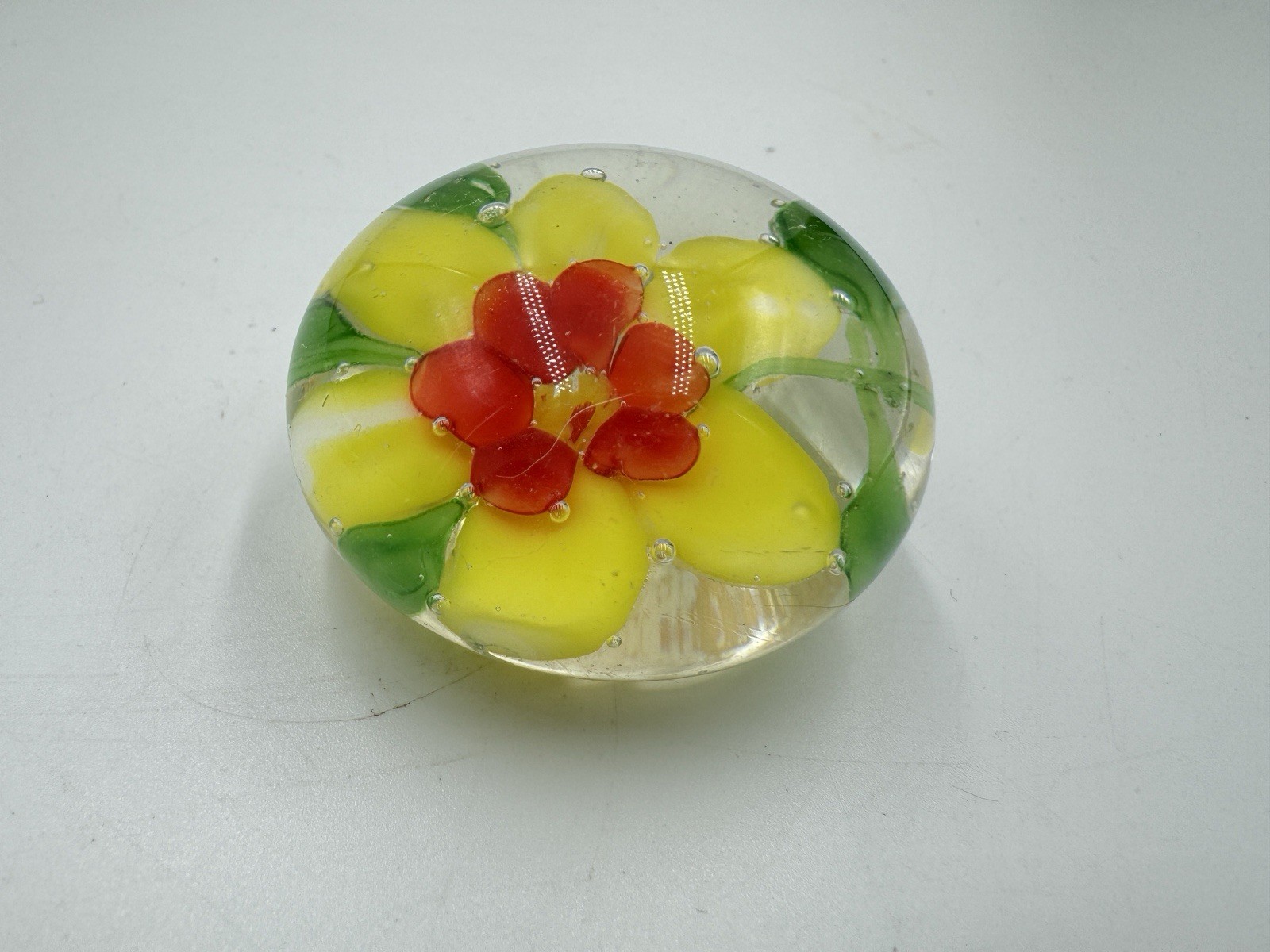 Vintage Orange Yellow Green Flower In Glass Paperweight Art Glass Decorative