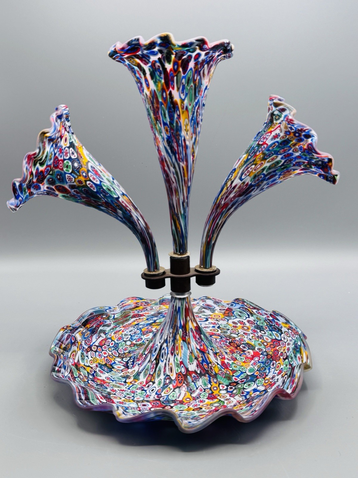 Murano Millefiori Epergne Art Glass 3 Horn Centerpiece Vase 1860 Cane 11.5”