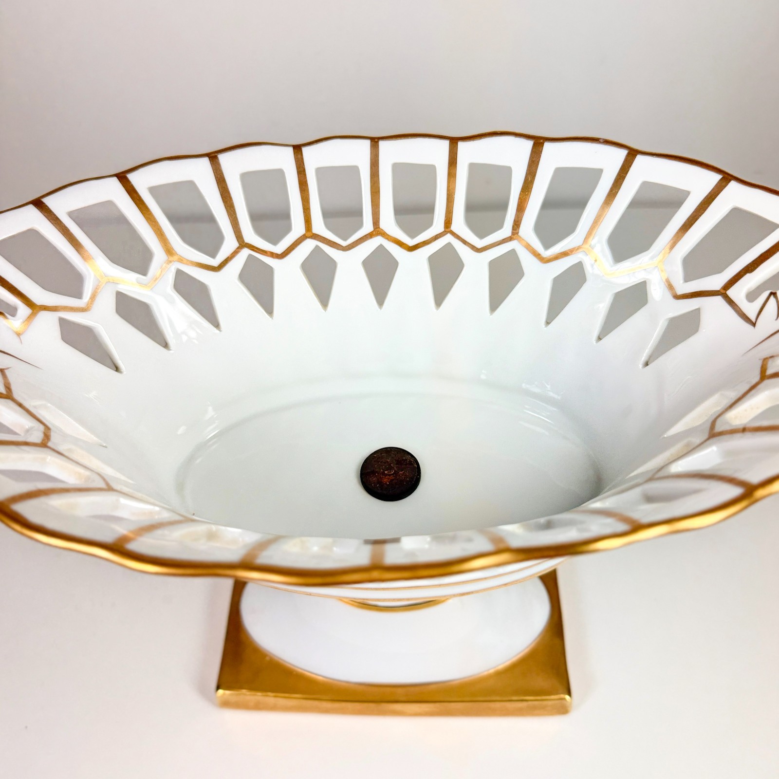 Vintage White & Gold Pierced Porcelain Basket Compote Centerpiece Bowl