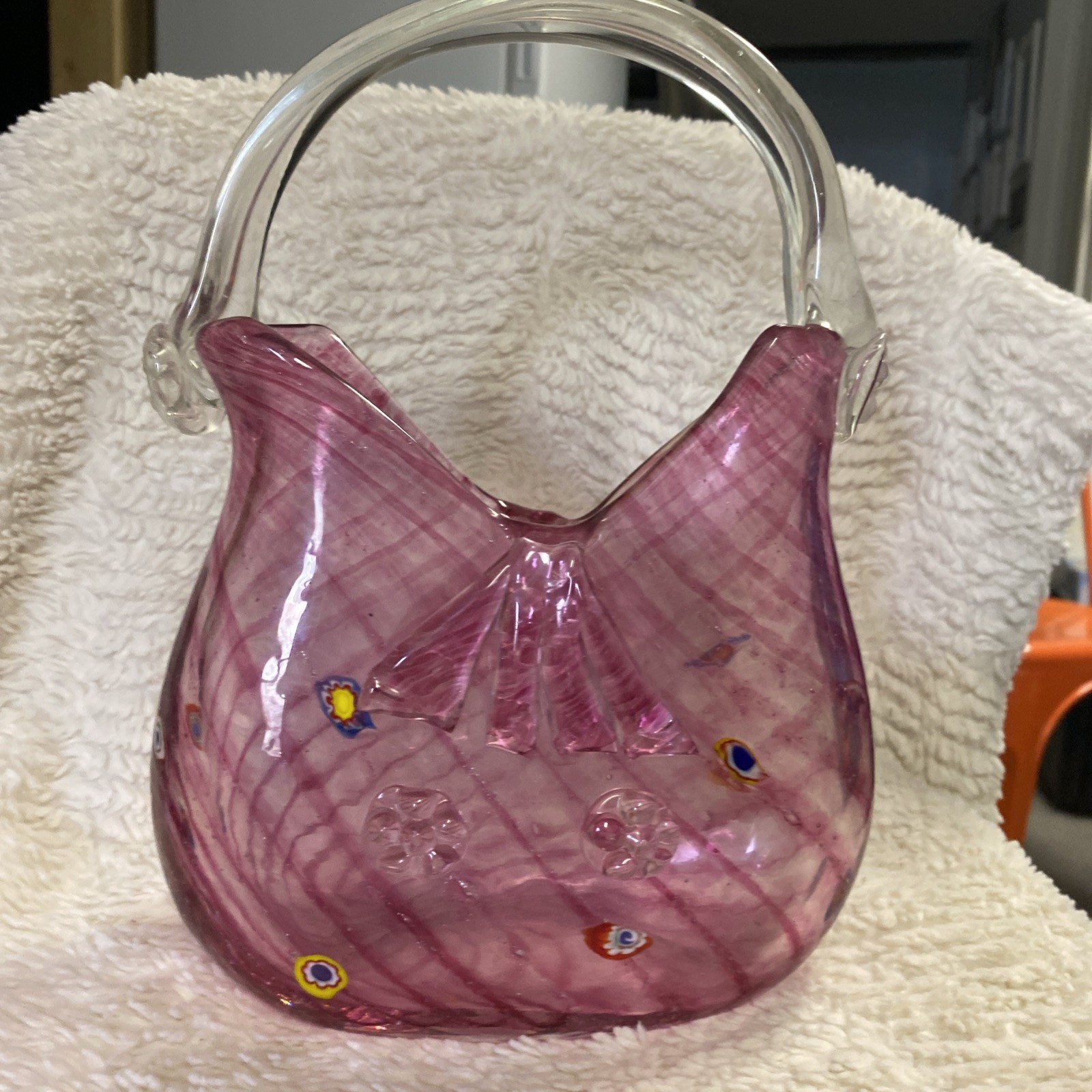 Hand Blown Glass Pink Purse Vase With Applied Handle Art Deco 10.5” x 7.75 #C