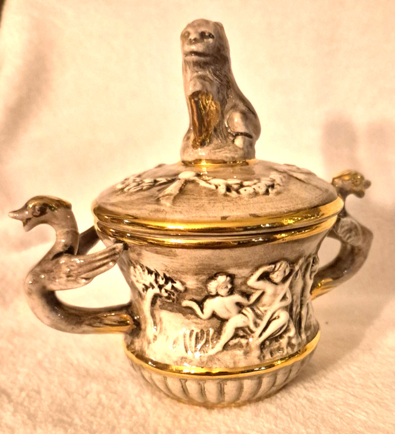 Vtg Capodimonte Monkey Sugar Bowl Dragon Double Handles Odd Creature