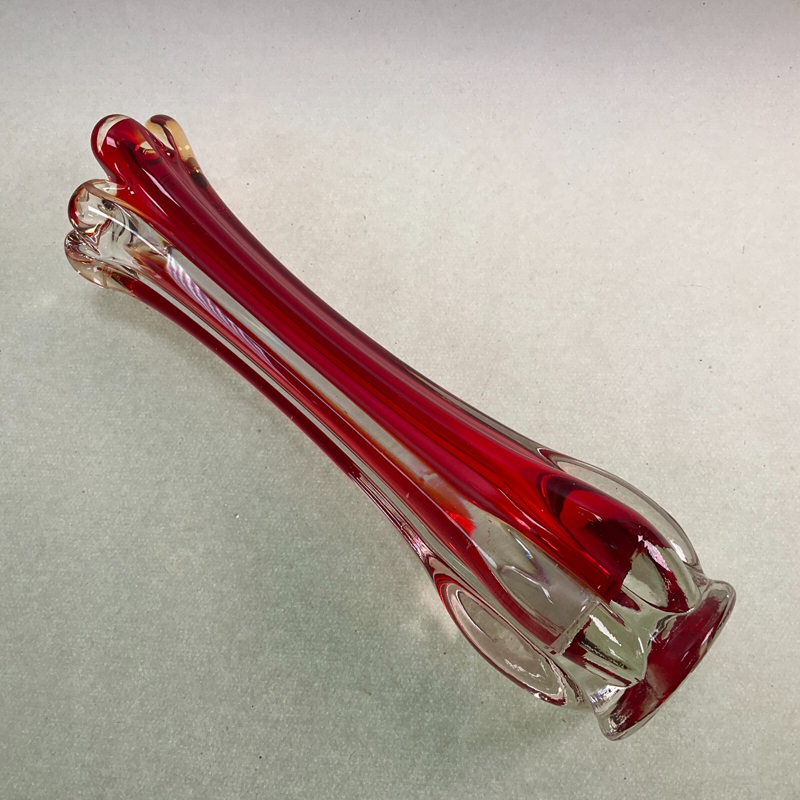 Cased Red Clear Swung Vase 6 Finger Ground Base 8 1/2″ Vintage Art Glass