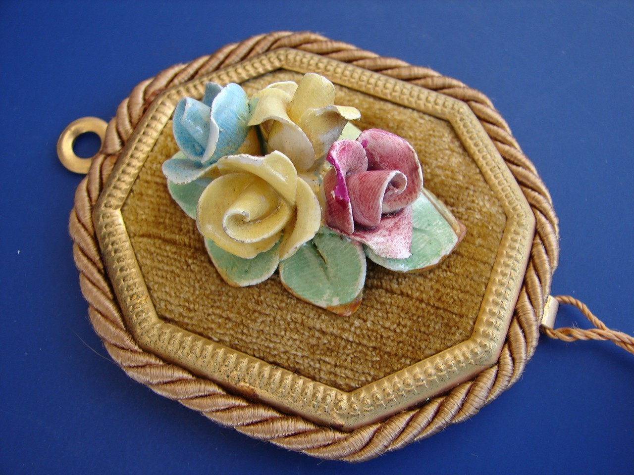 2 Vintage Capodimonte Porcelain Flowers On Brown Velvet Wall Art Italy