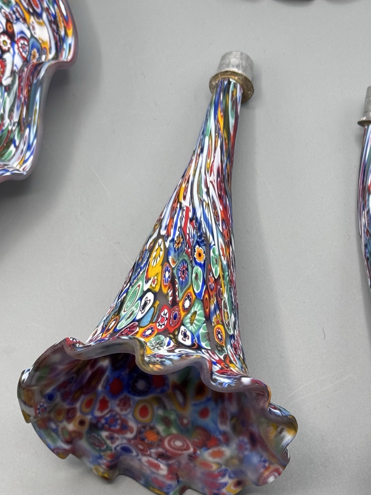 Murano Millefiori Epergne Art Glass 3 Horn Centerpiece Vase 1860 Cane 11.5”