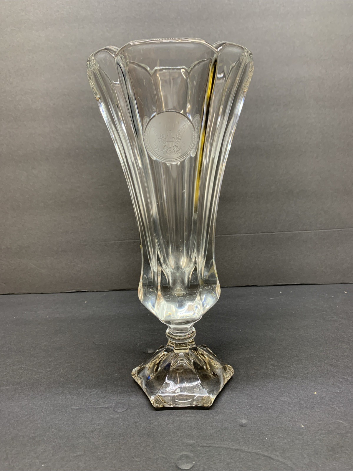 Fostoria Coin Clear Glass Vase, 1887 Eagle Liberty Bell Torch 10″ X 3.5″