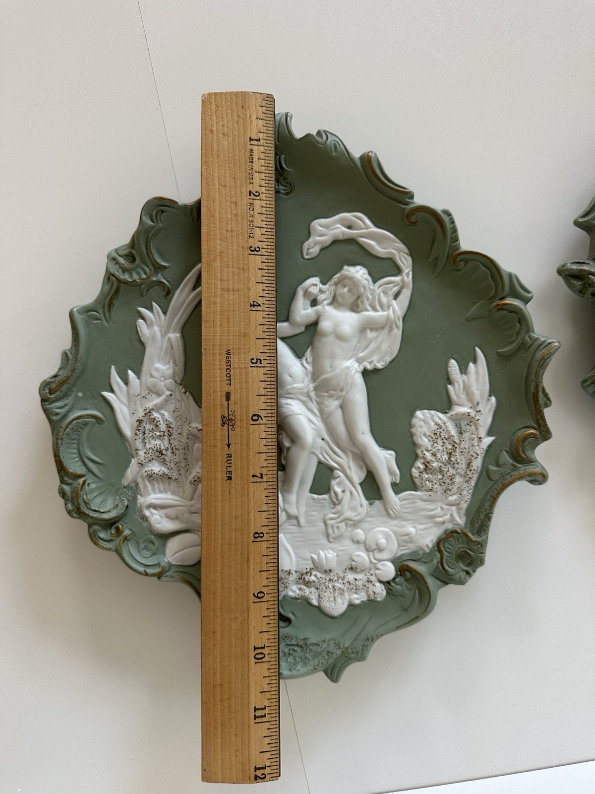 Set of 2 Green Jasperware Wall Plaque Neoclassical Wedgwood Style Relief Figures