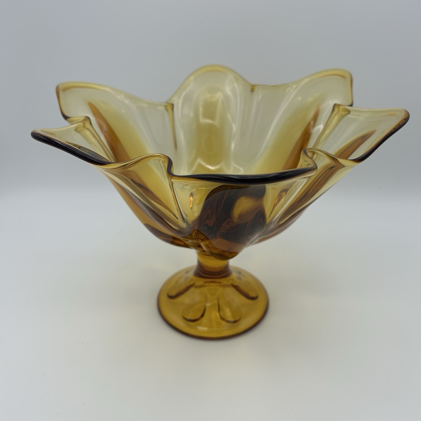 Viking Glass Amber Swung 6 Petal Pedestal 7 x 10.5 Handkerchief Footed Bowl MCM