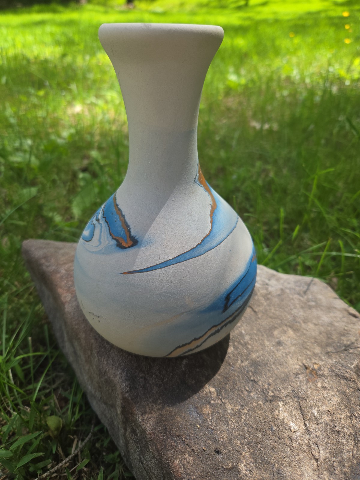 Beautiful Blue Orange White Nemadji Hand Painted Clay Pottery 6.5 In Bud Vase