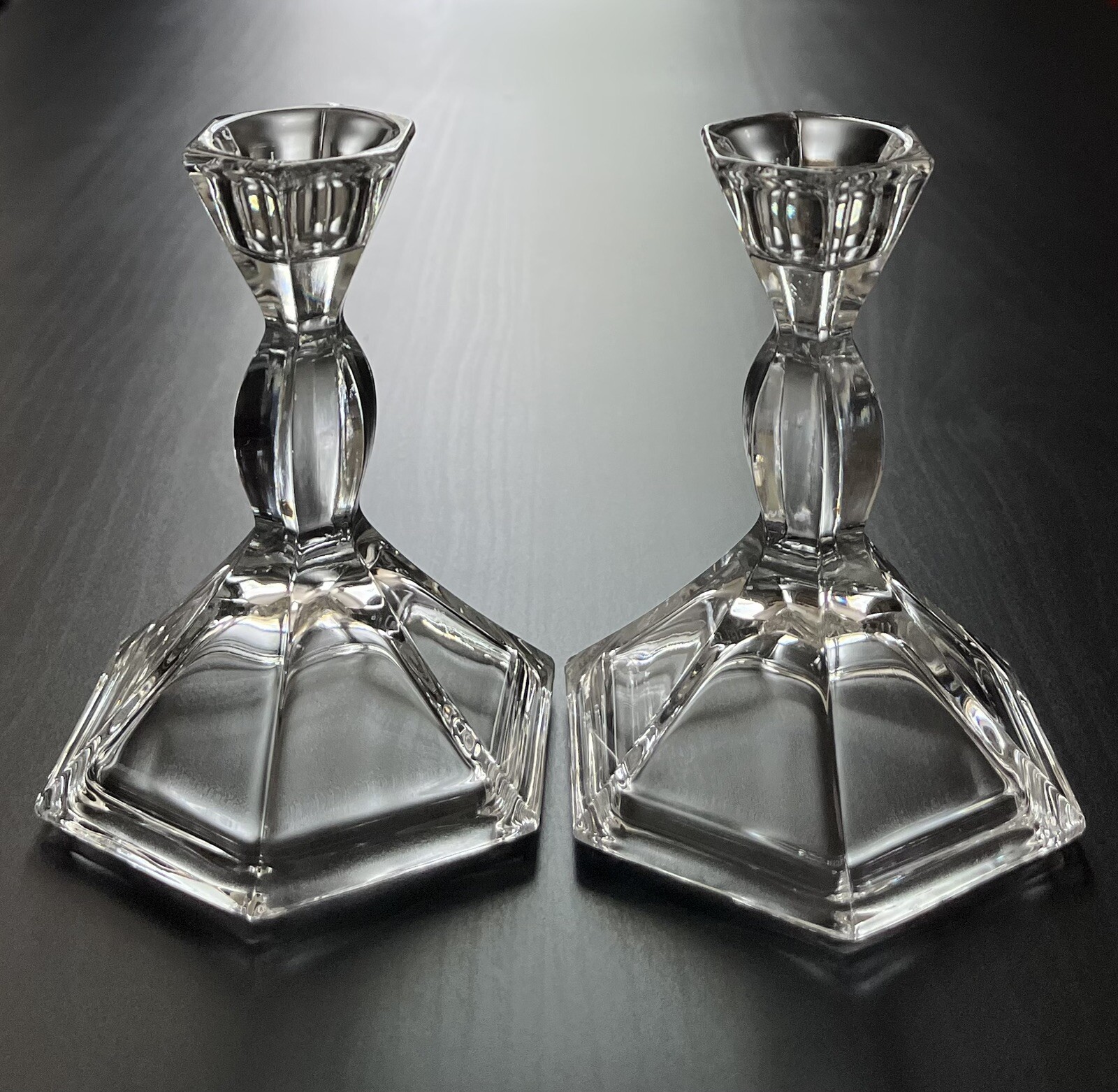 Set Of 2 Crystal Clear Industries Jessica 4” Candlesticks Hexagon Excellent