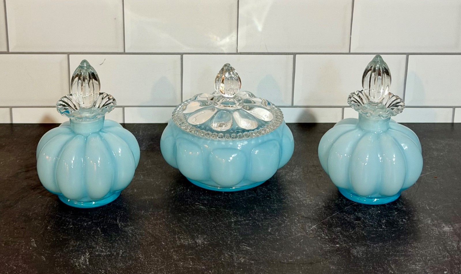 Vintage 3 Pc Fenton Dresser Set Blue with Melon Design – Good Condition READ
