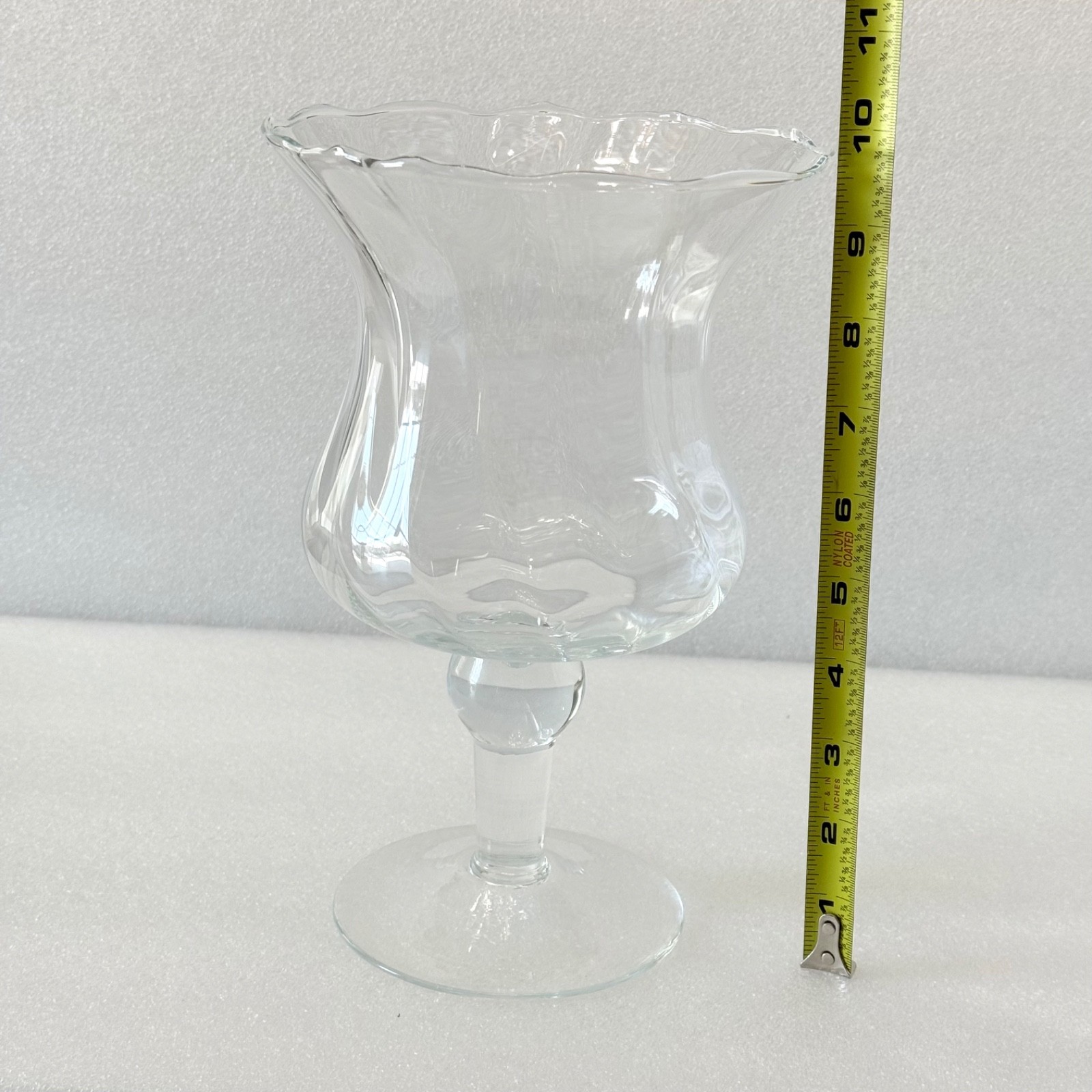 Clear Glass Hurricane Lamp Candle Holder 9.75” W/Footed Base Scalloped Vase