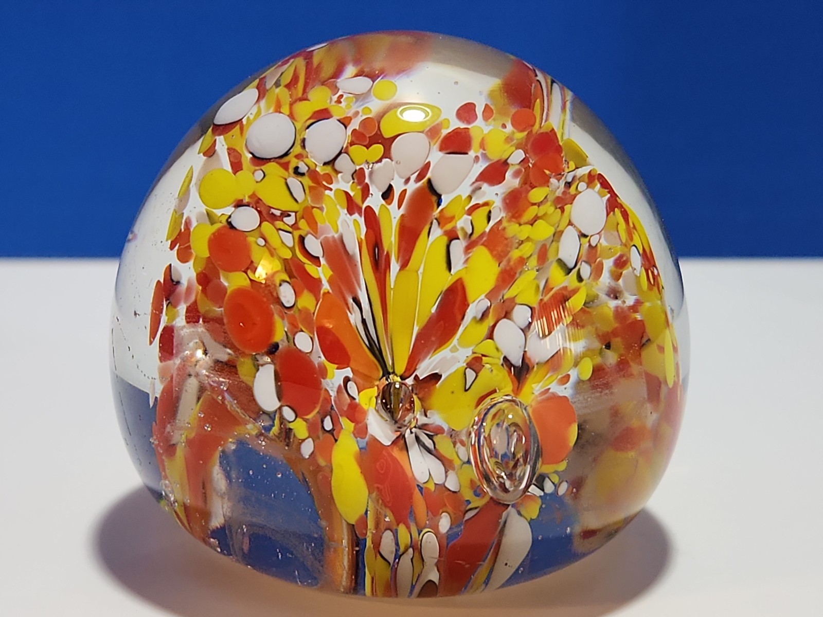 Millefiori Paperweight Yellow Orange White Polished Bottom 2.5″