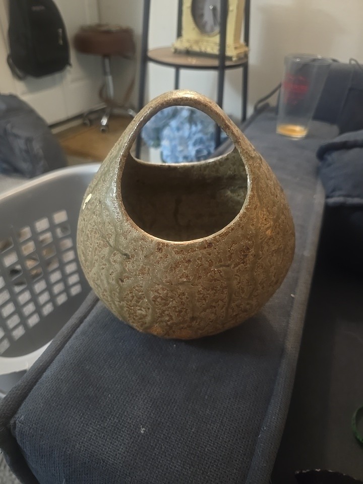 Vintage Studio Pottery Stoneware Basket Vase Featuring Textured, Rustic Glaze
