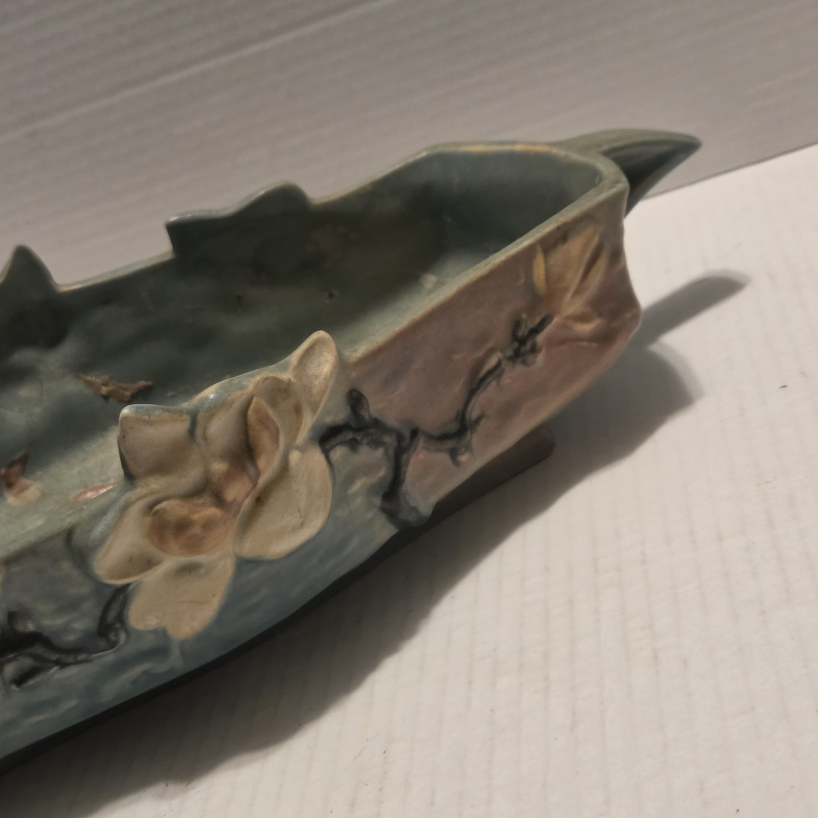 Vtg Roseville Pottery 1943 Blue Magnolia Flowers Console Bowl 451-12″ Rare USA
