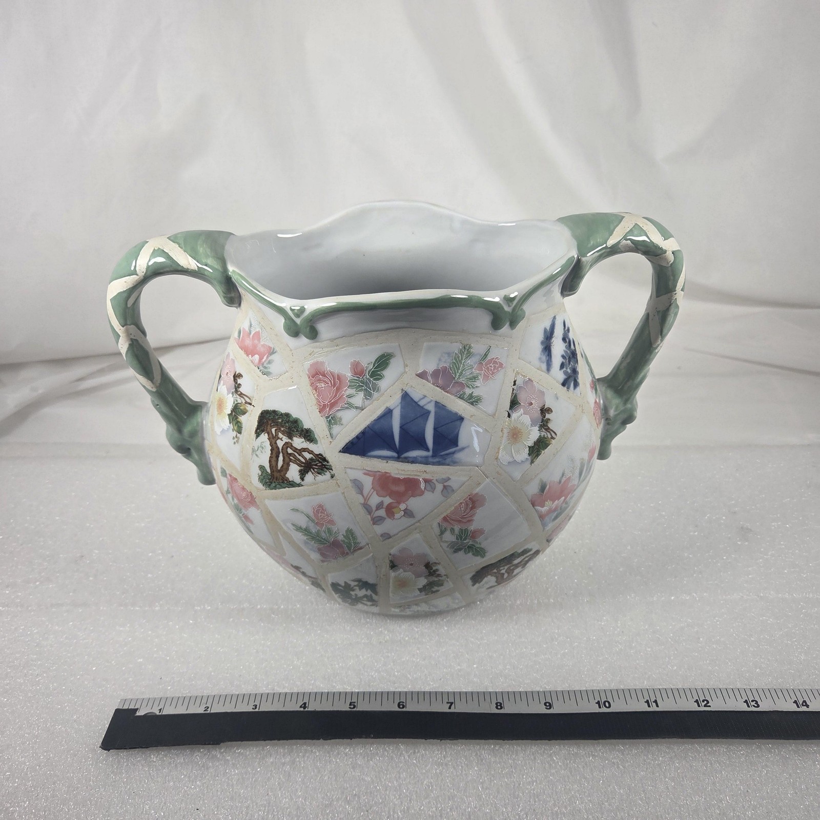 Decorative Two-Handle Patchwork Mosaic Floral Green Ceramic Vase Urn MMU