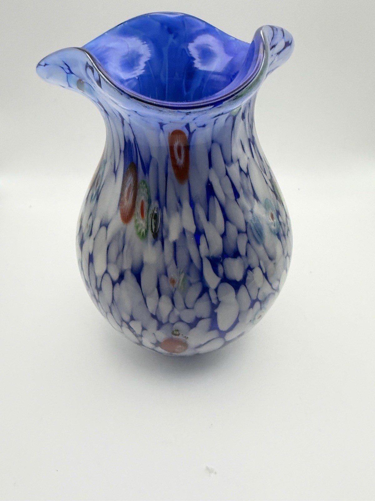 Hand Blown Art Glass Vase Blue & White Millefiori Confetti Vase 8”