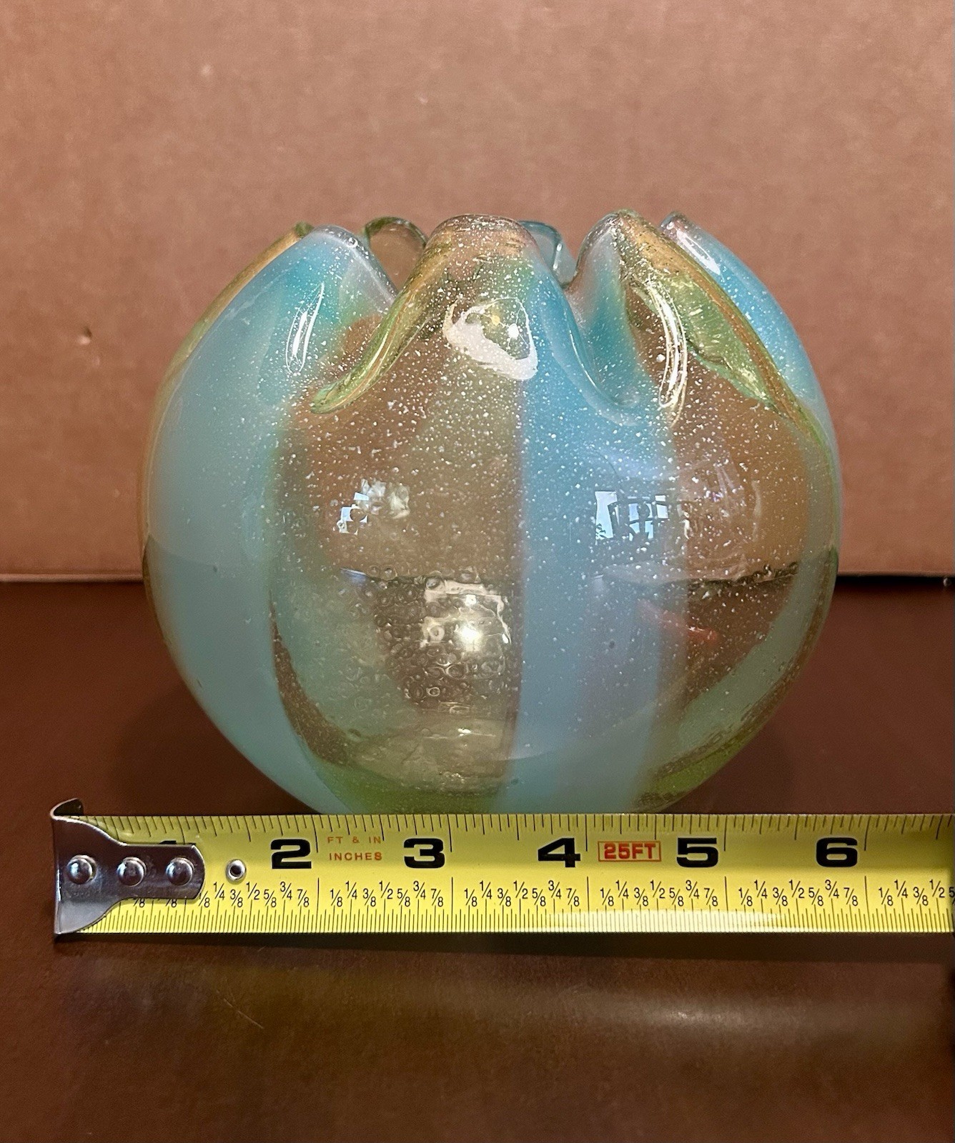 Vintage Art Glass Rose Bowl W/ Silver Mica Fleck, Crimped Bowl, Pontilled