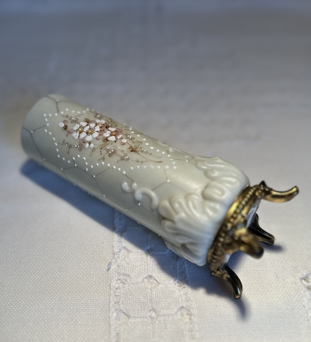 Antique C.F. Monroe Wave Crest Bud Vase, Floral Opal Glass w/ Ormolu Base 7.5”