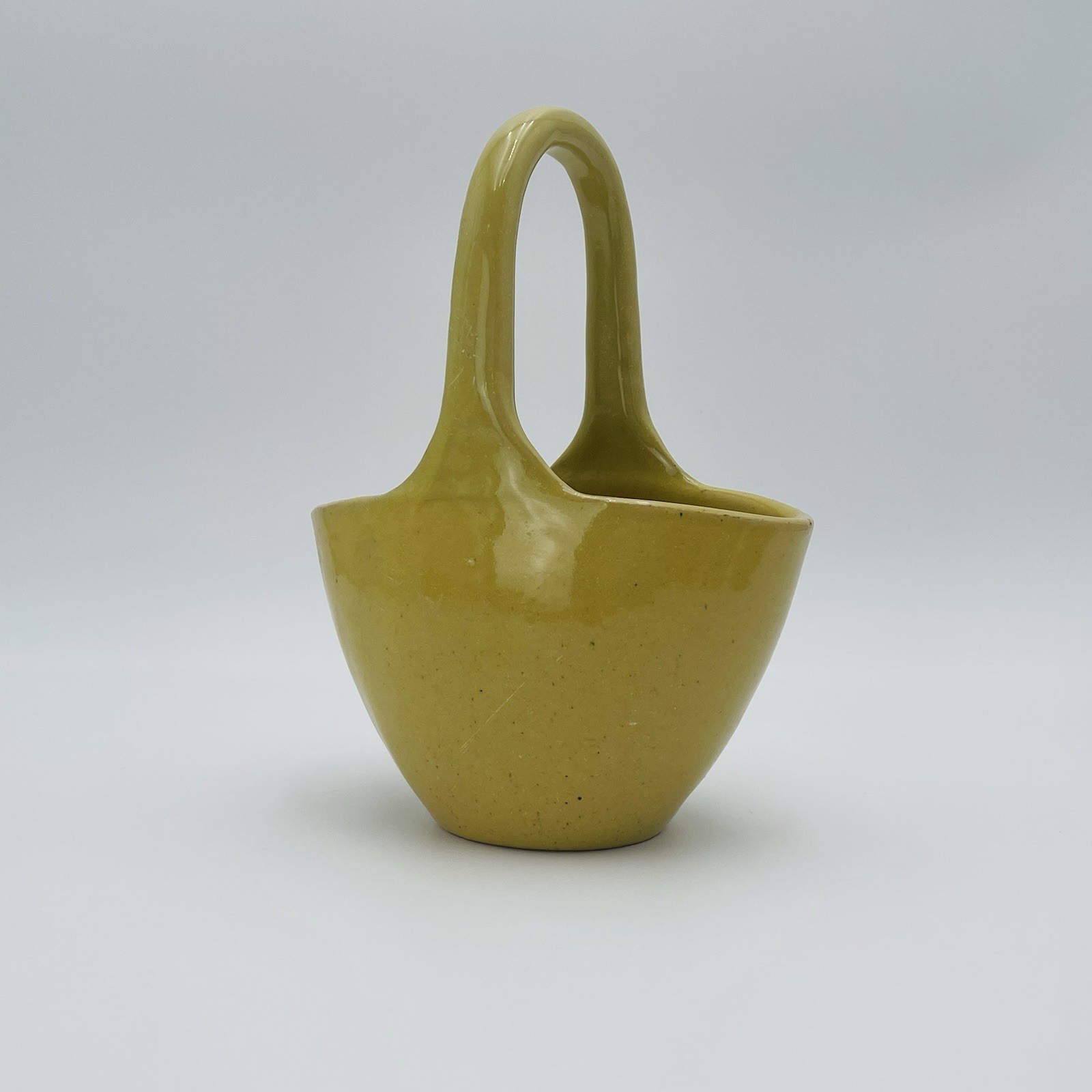 Vintage Studio Pottery Basket Vase Glazed Yellow 9”x6.5”