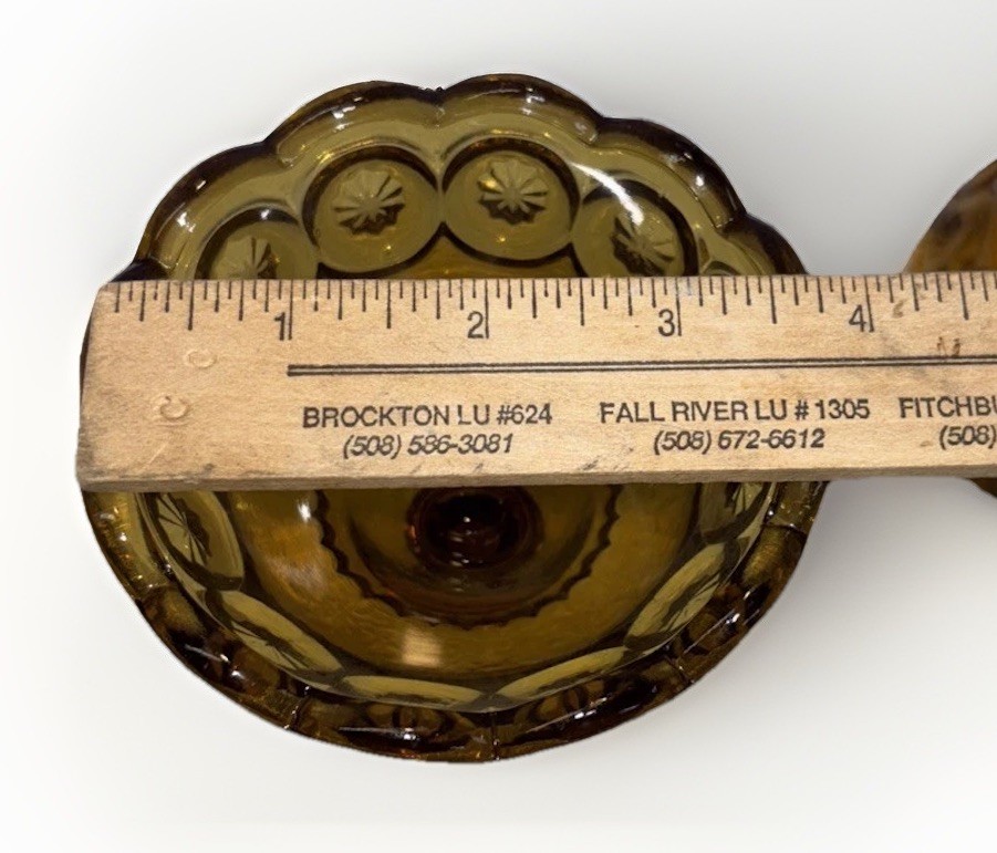 VTG L. E. Smith Moon & Stars Amber Glass Candlesticks 5″. + Crust & Stopper