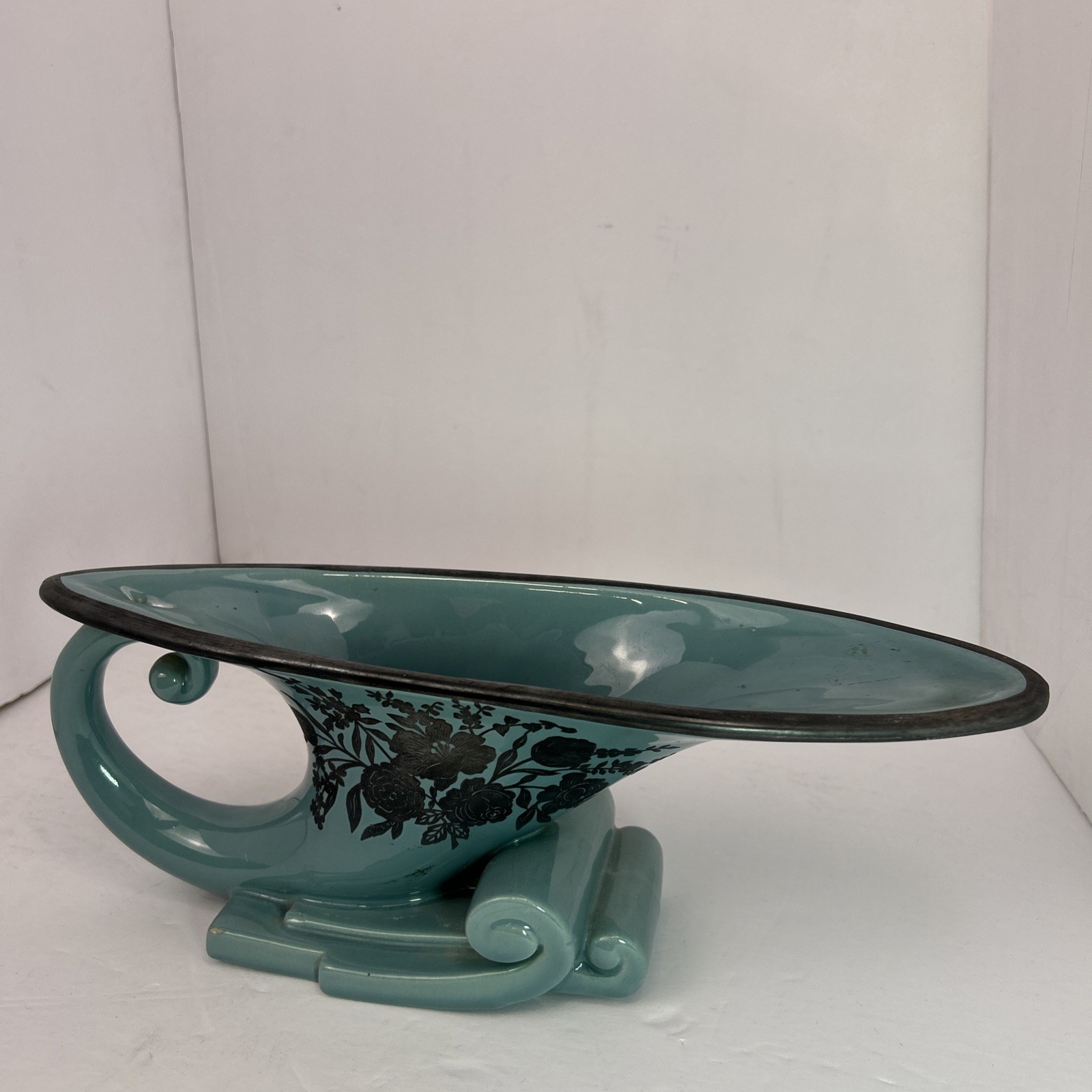Haeger Pottery Art Deco Teal Cornucopia Vase Scroll Base Sterling Silver RARE