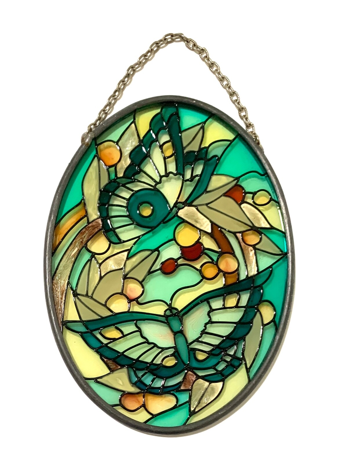 Suncatcher Window Art Butterflies Green Beige Brown Oval 4.5 Inch x 3.25 Inch