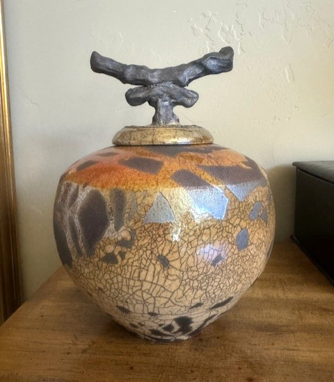 Studio RAKU Pottery Vessel with Sculptured Lid Crackle Glaze Organic Pattern