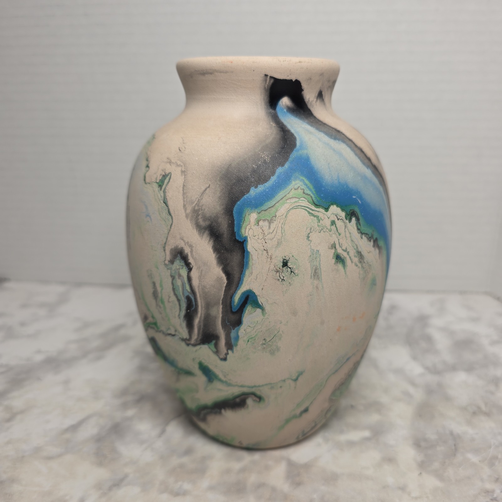 Vintage Nemadji Pottery Blue Green Black Swirl Tall Vase Handmade Clay Art