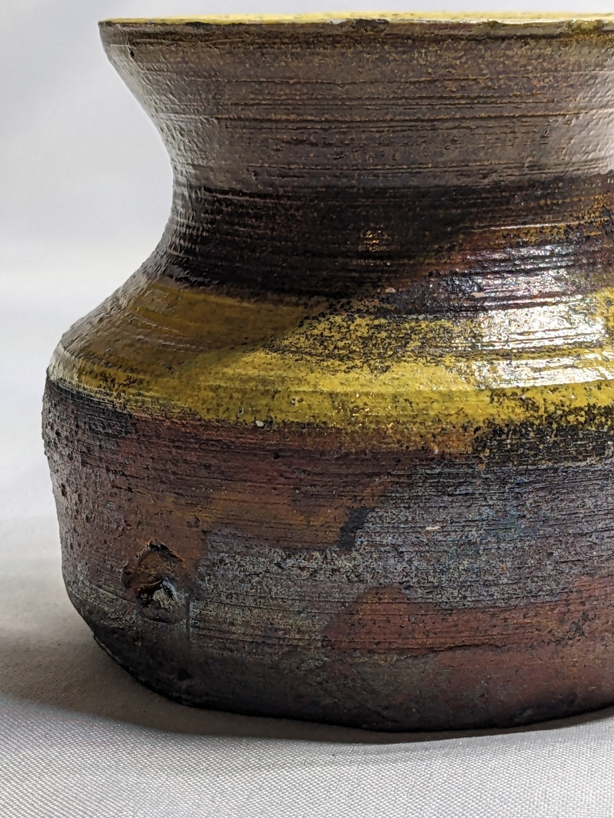 Rustic Glazed Pottery Vase, Brown Yellow Copper, Signed