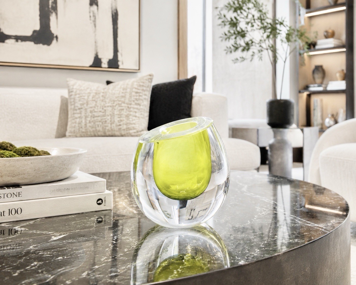 Global Views Green & Clear Art Glass Vase, Glossy Solid Abstract, 4 in, Poland