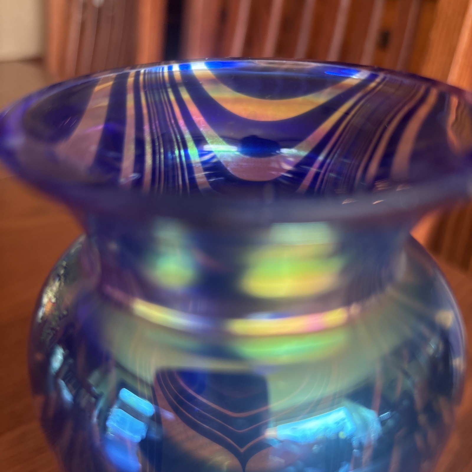 Royal Limited Crystal Iridescent Cobalt Blue Pulled Feather Glass Vase 7.25”