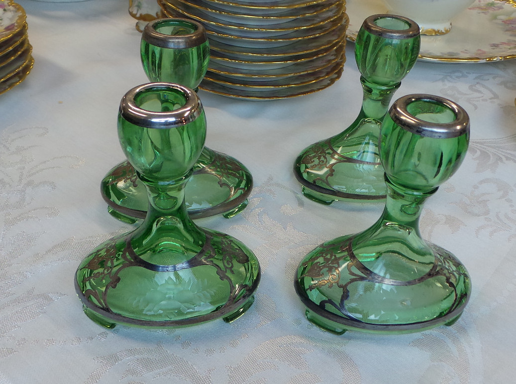 4 FOSTORIA GLASS CO St. ALEXIS GREEN CRYSTAL CANDLE HOLDERS SILVER PLATE DESIGN