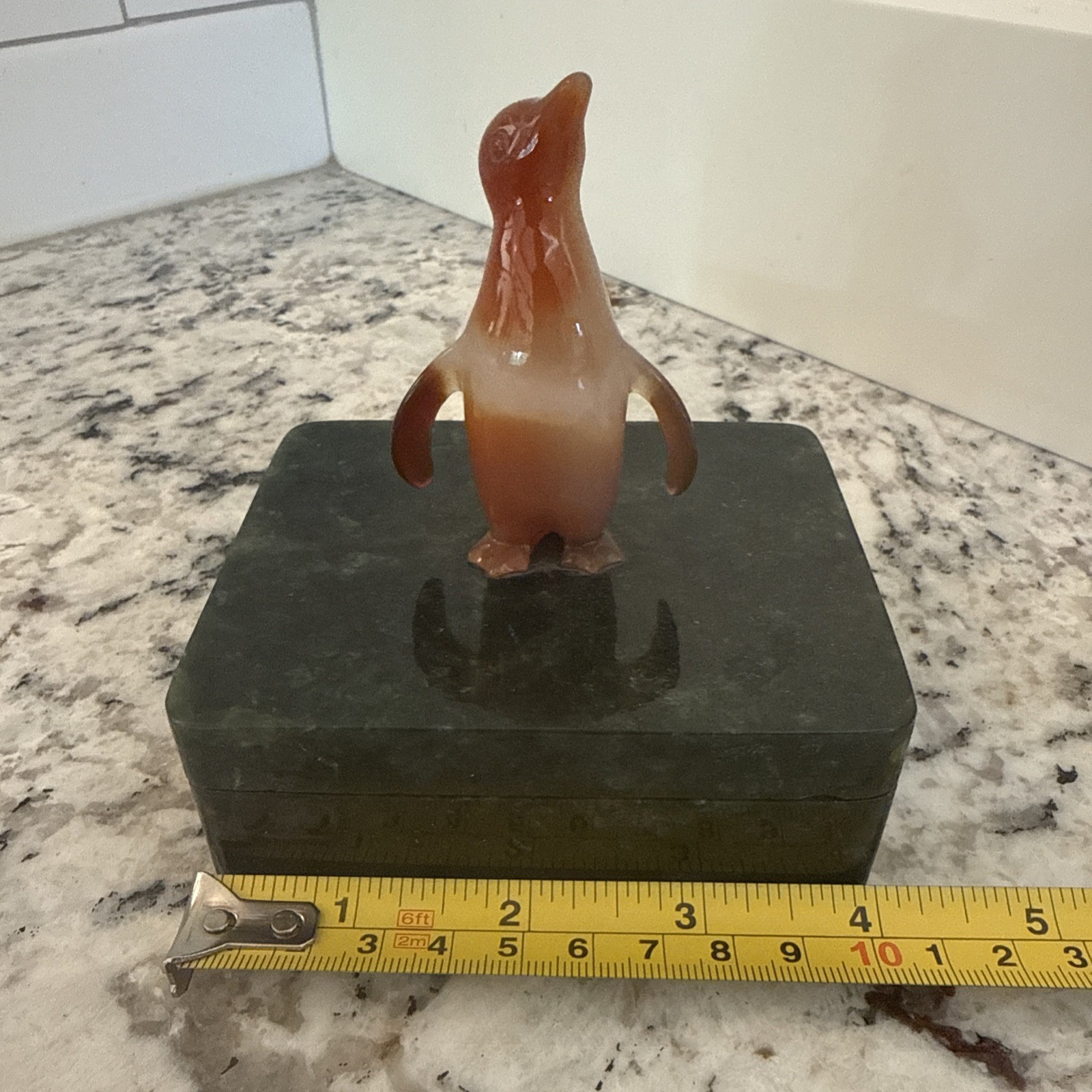 Edward Farmer Attrib Nephrite Jade Box Carnelian Penguin Art Deco NY c.1920