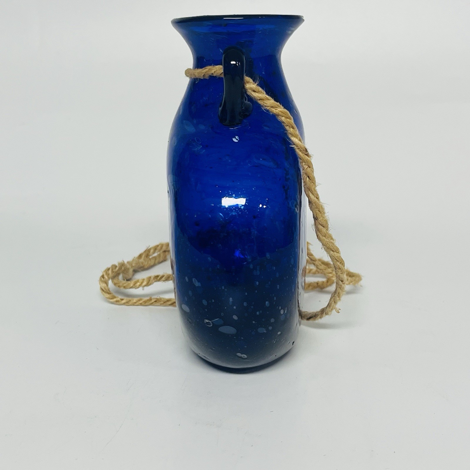 Hand Blown Blue Glass Hanging Vase Suspendable Art Made In Egypt Vintage 5 1/2″T