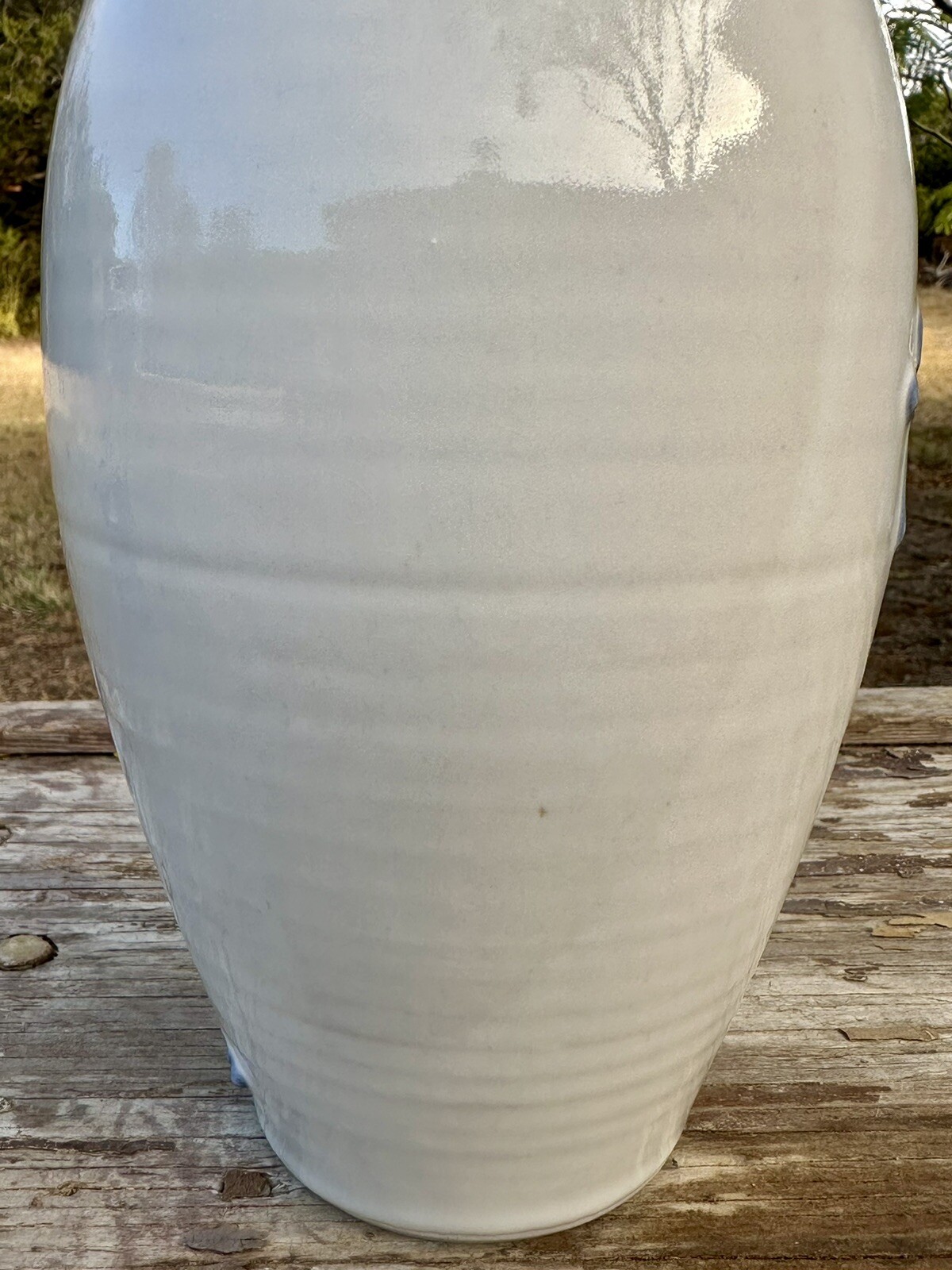 Studio Art Pottery Vase Raised Blue Flowers Cream Glaze Abstract Signed 8.75 in