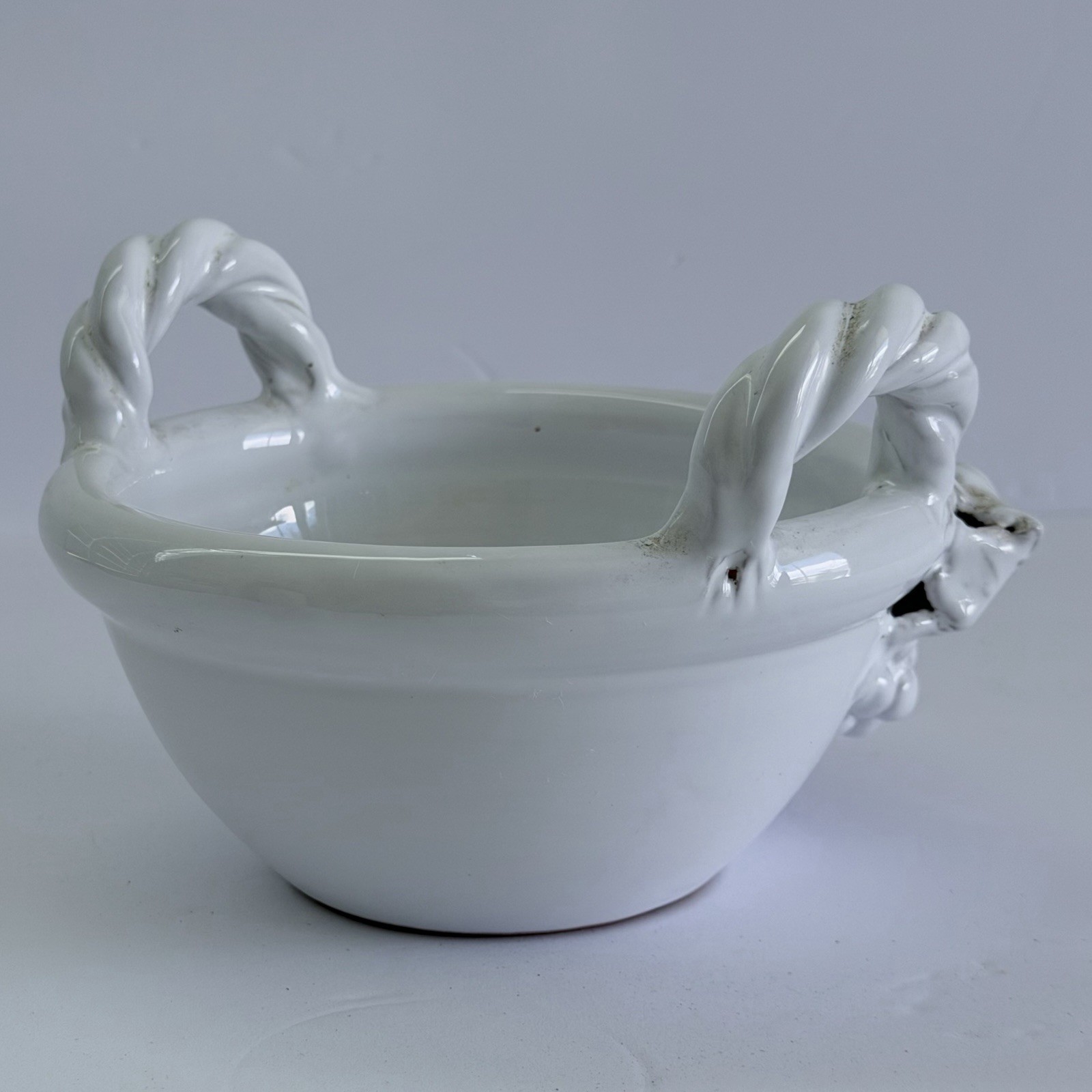 Blanc de Chine Bowl Basket Handthrown White Glazed Clay Grapes Grapevine Handles